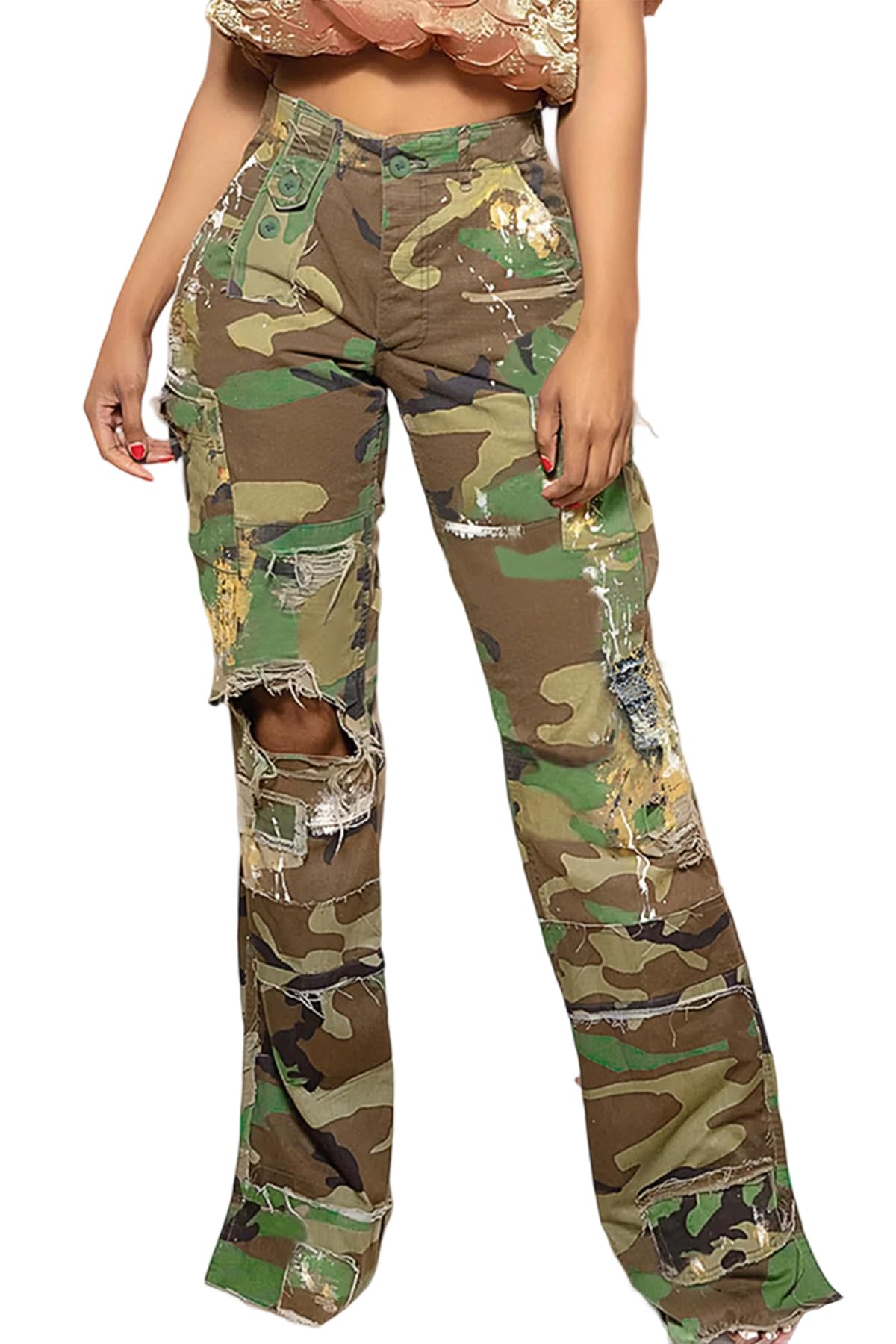Ptorlio Camo Cargo Pants for Women Ripped Wide Leg Baggy High Waisted Camouflage Y2k Streetwear Jeans Trousers