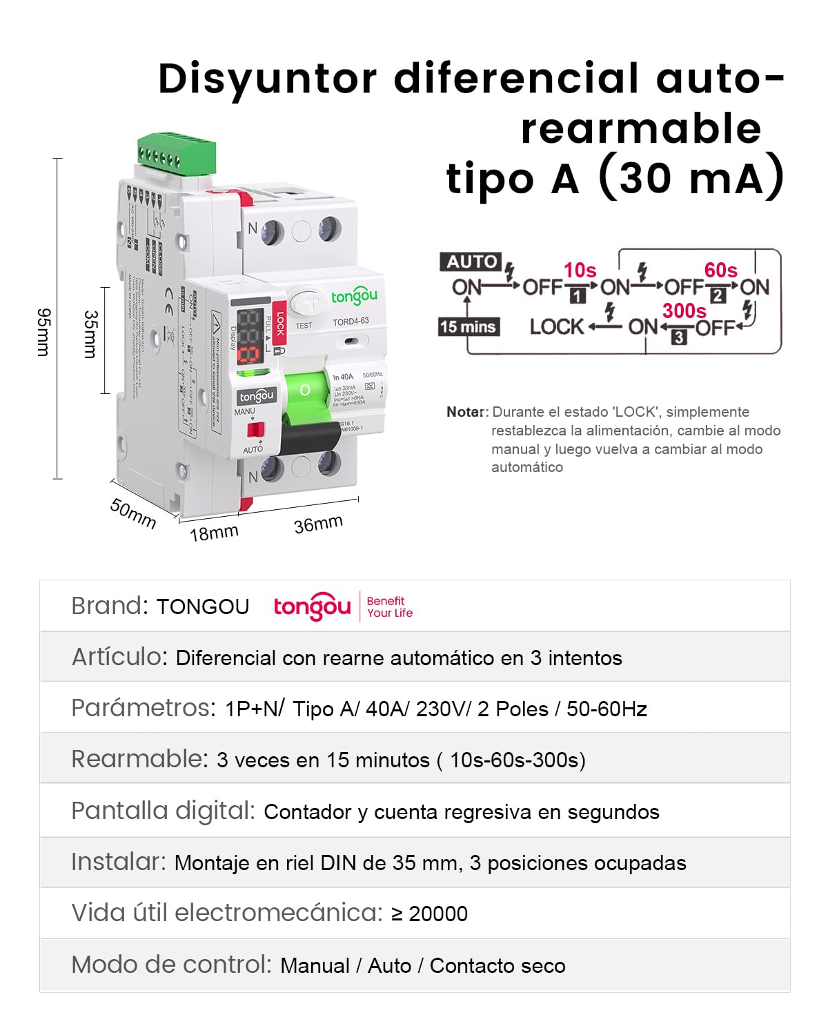 TONGOU Diferencial Auto Rearmable, Diferencial 40A 30mA, Tipo A 1P+N 230V, Diferencial Superinmunizado Rearmable, Aplicable a Viviendas Familiares, Edificios Comerciales Pequeños, etc