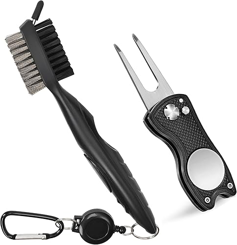 Mile High Life Cepillo para palos de golf, limpiador de ranuras con cable de extensión retráctil de 2 pies y mosquetón de aluminio, accesorios para