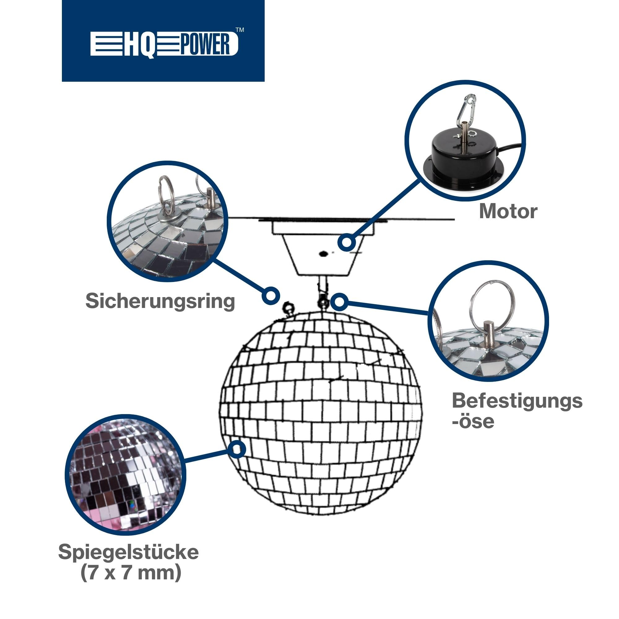 Set mit Discokugel Ø 30 cm + 4W Motor, rotierende Spiegelkugel aus reflektierendem Facettenglas, 1,8-2,5 Umdrehungen pro Minute, 5 kg Tragfähigkeit, sicheres Aufhängesystem für Deckenmontage – Ideal