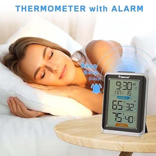 Miniatura 4 de Geevon Termómetro e higrómetro inalámbrico para interiores y exteriores, sensor digital de temperatura y humedad con tiempo, reloj, rango de 200