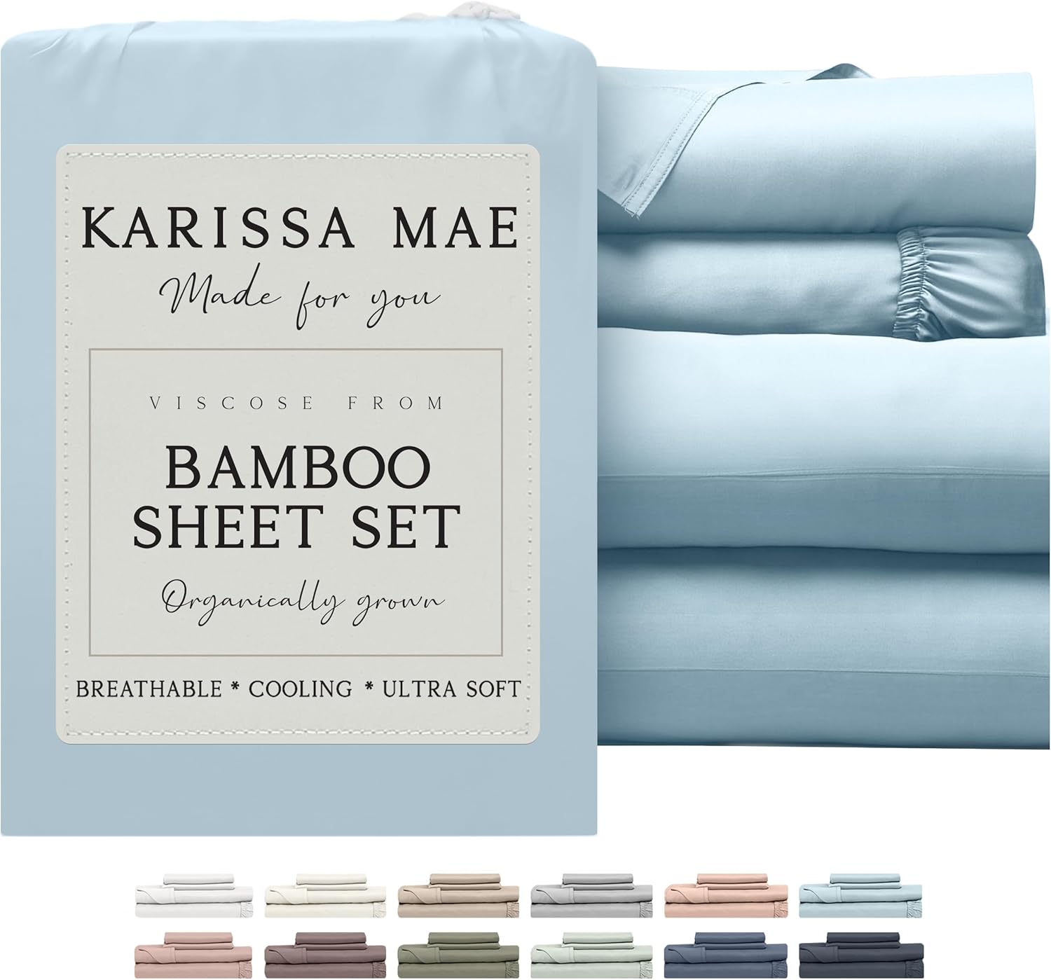 KARISSA MAE Cooling Bamboo Viscose Split King Sheet Set | 100% Organically Grown | 18” Deep Pocket | Silky, Soft, & Hypoallergenic | with Organizer Band & Elastic Corner Straps [Coastal Blue]
