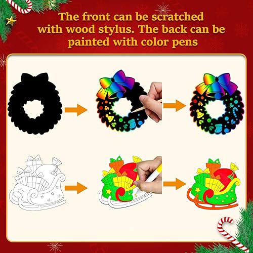 Miniatura 5 de Garma 36 piezas de papel de arte de rascar para manualidades de Navidad, para niños, tarjetas de rascar de arco iris, adornos de árbol de Navidad,