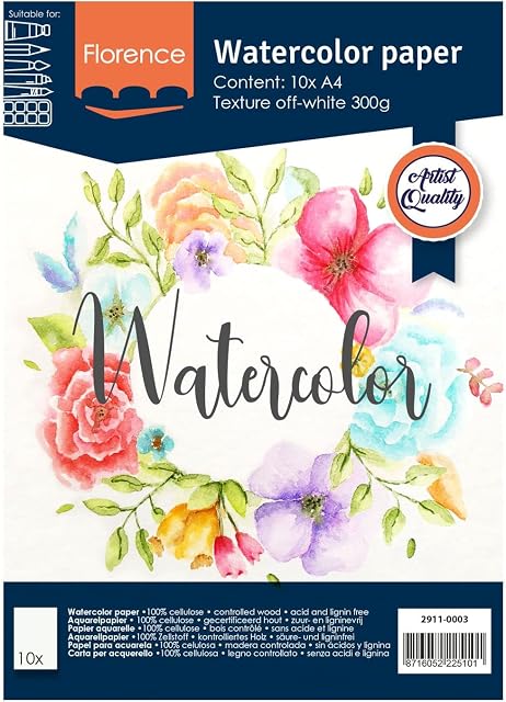 Vaessen Creative Florence Watercolour Paper A4, Ivory, 300 GSM, Artist Grade Quality, Textured Surface, 10 Sheets for Painting, Handlettering, Art Projects