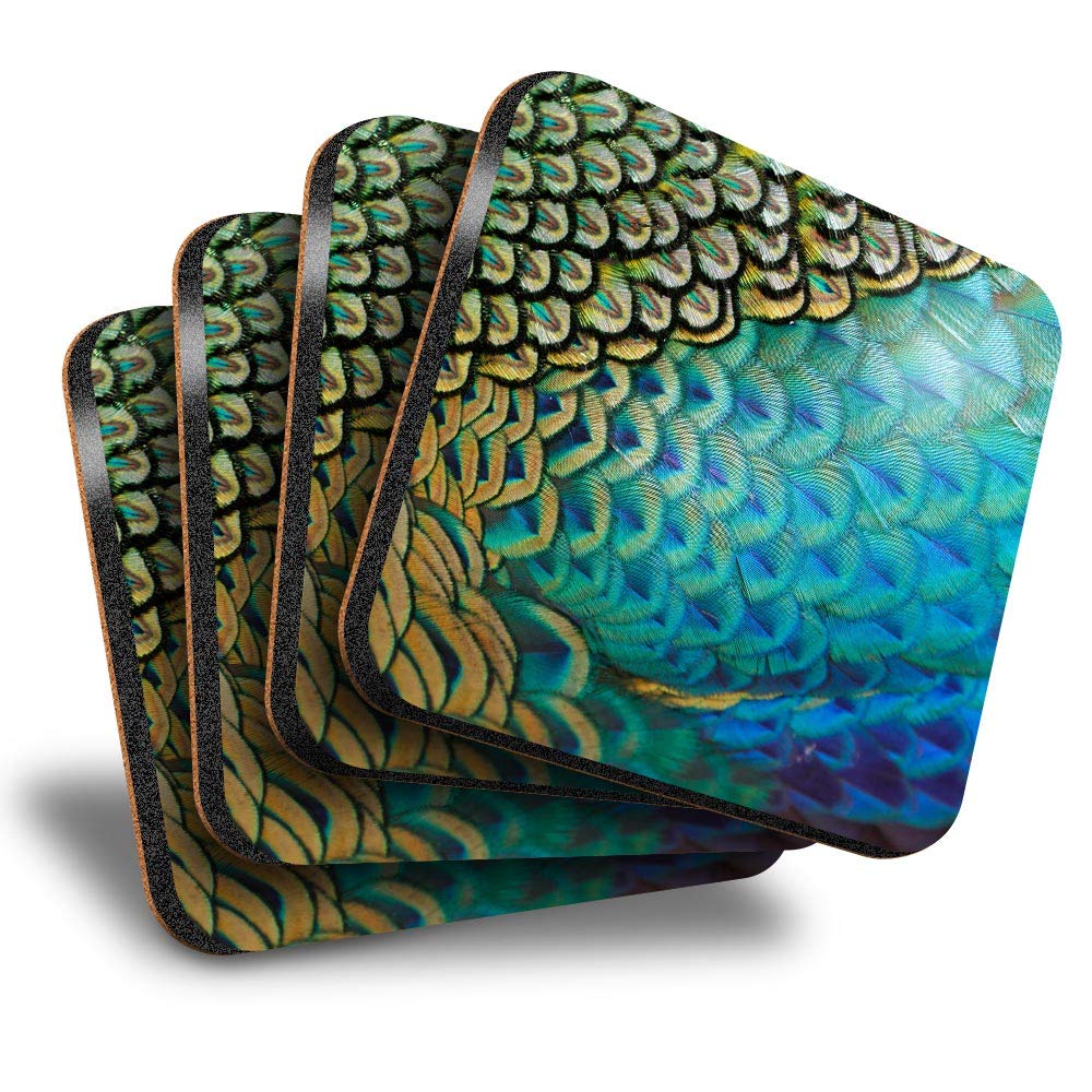 Destination Vinyl Ltd Great Coasters (Set of 4) Square - Feathers Peafowl Peacock Drink Glossy Coasters/Tabletop Protection for Any Table Type #44250