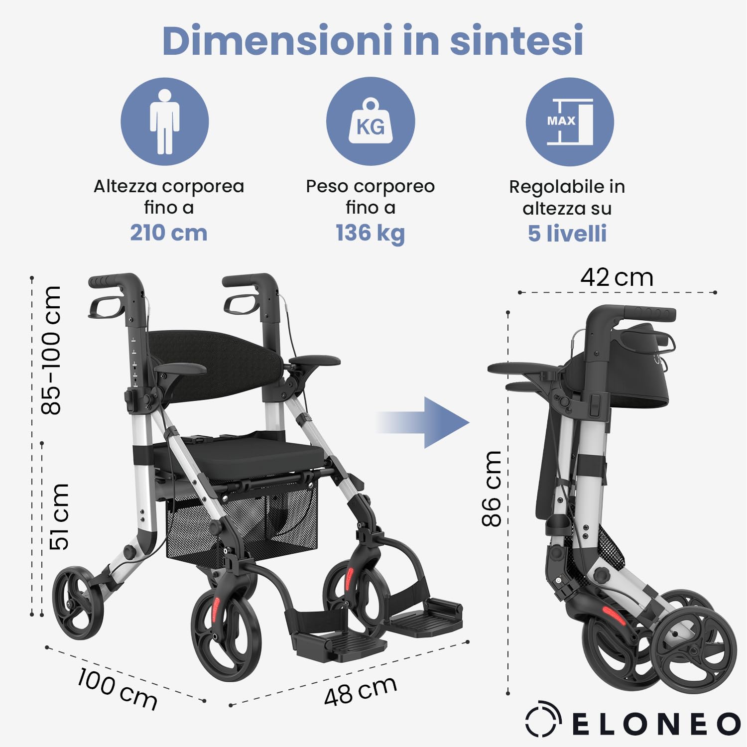 ELONEO Sedia a Rotelle Rollator 2 in 1 Pieghevole e Leggero con Seduta, Rollator da Esterno Pieghevole e Leggero per Tutti i Terreni, Deambulatore in Alluminio, Sedia a Rotelle da Trasporto, argento