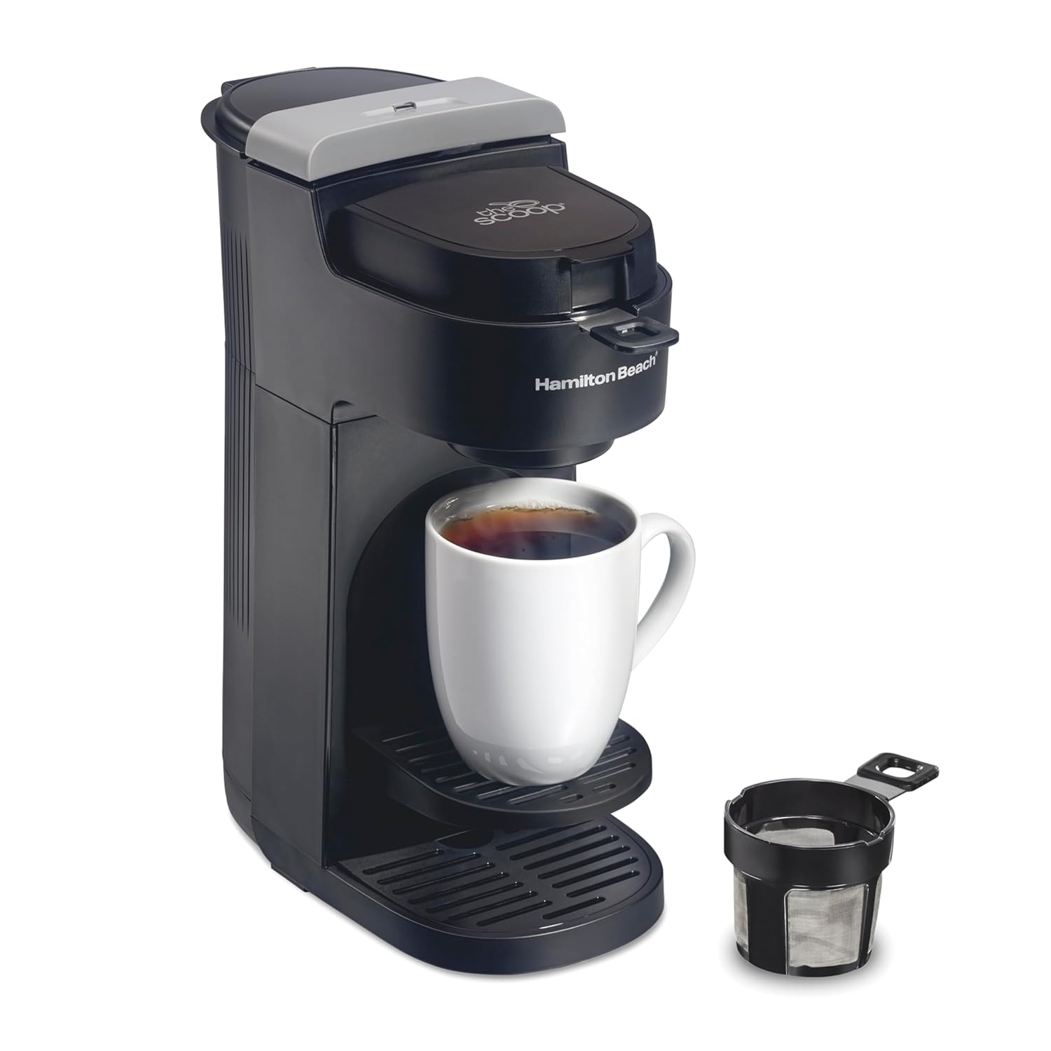 Hamilton Beach The Scoop Single Serve Coffee Maker Fast Grounds Brewer for 8-14oz Cups Brews in Minutes Black
