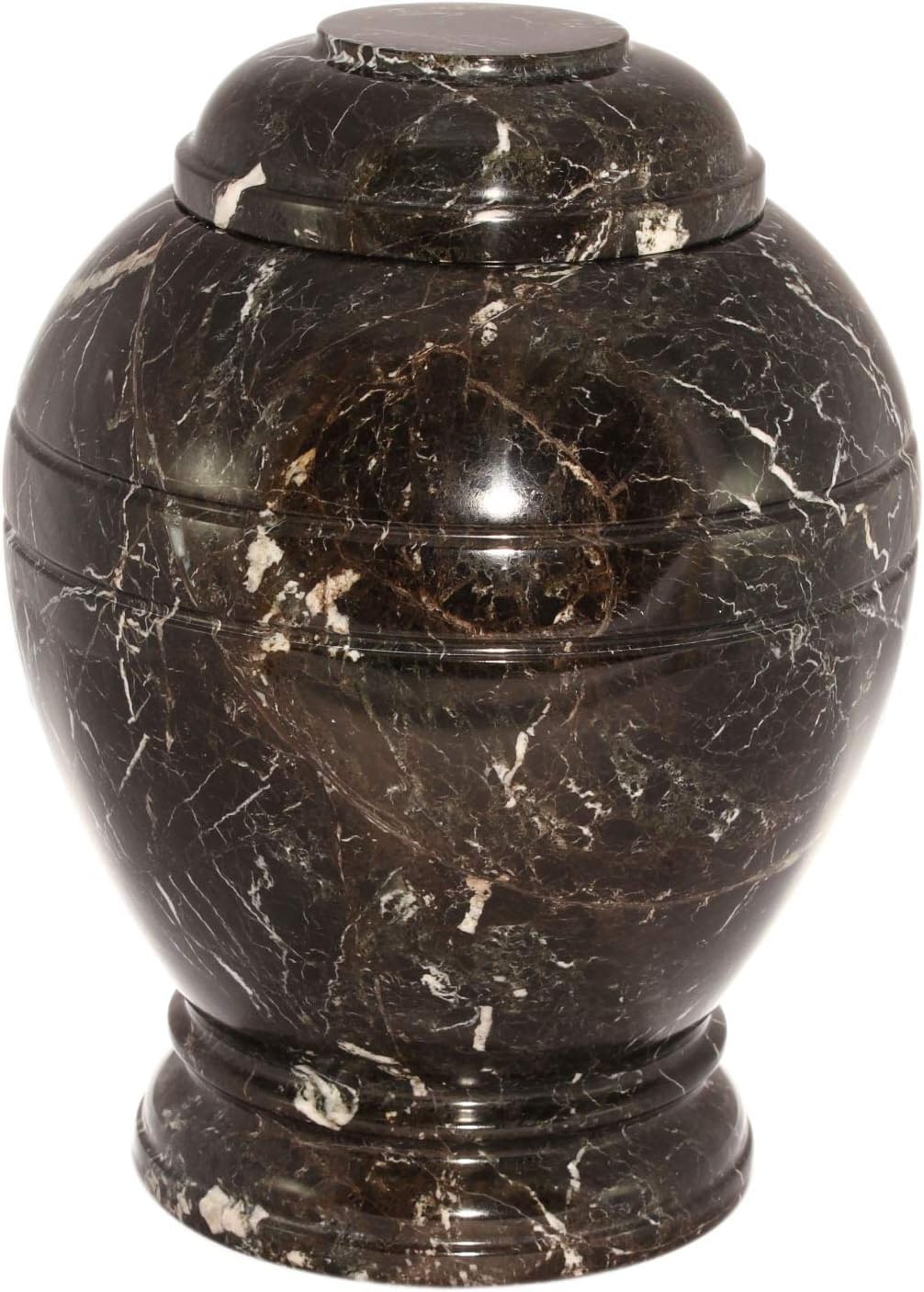Ellyptical Decorative Marble Urn - Hand Carved, Polished - Luxury Keepsake Urn for Human & Pet Ashes - 200 lbs Capacity - Black and White Marble