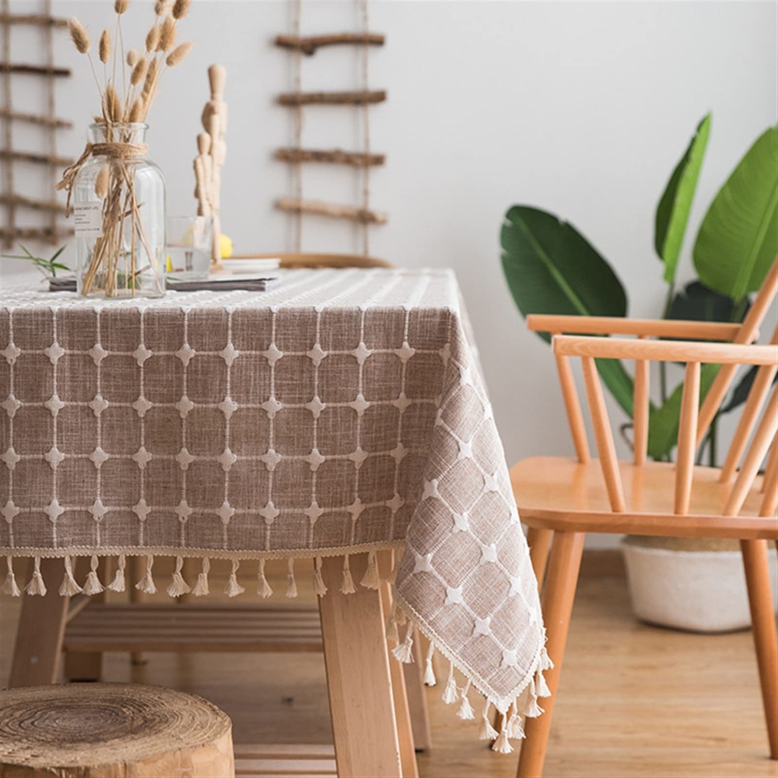 Japan Style Cotton Linen Obrus ​​Niebieskie Paski Chusta Haftowane Prostokątny Stół Obrus ​​Dekoracje Kuchenne Domu Tabeli Pokrywy(Light Brown,60x60cm)