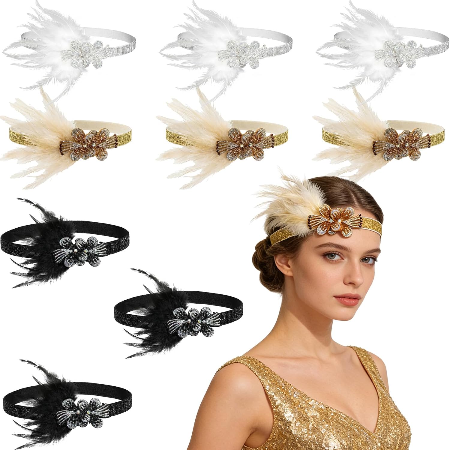 9 Pcs Flapper Headband Set Feather Headpiece for 1920s Theme Parties