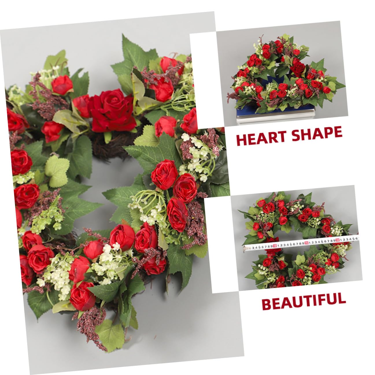 Herzförmiger Valentinskranz Künstlicher Rosenkranz Wandbehang Herzkranz Rote Rosen Dekoration für Valentinstag und Hochzeit