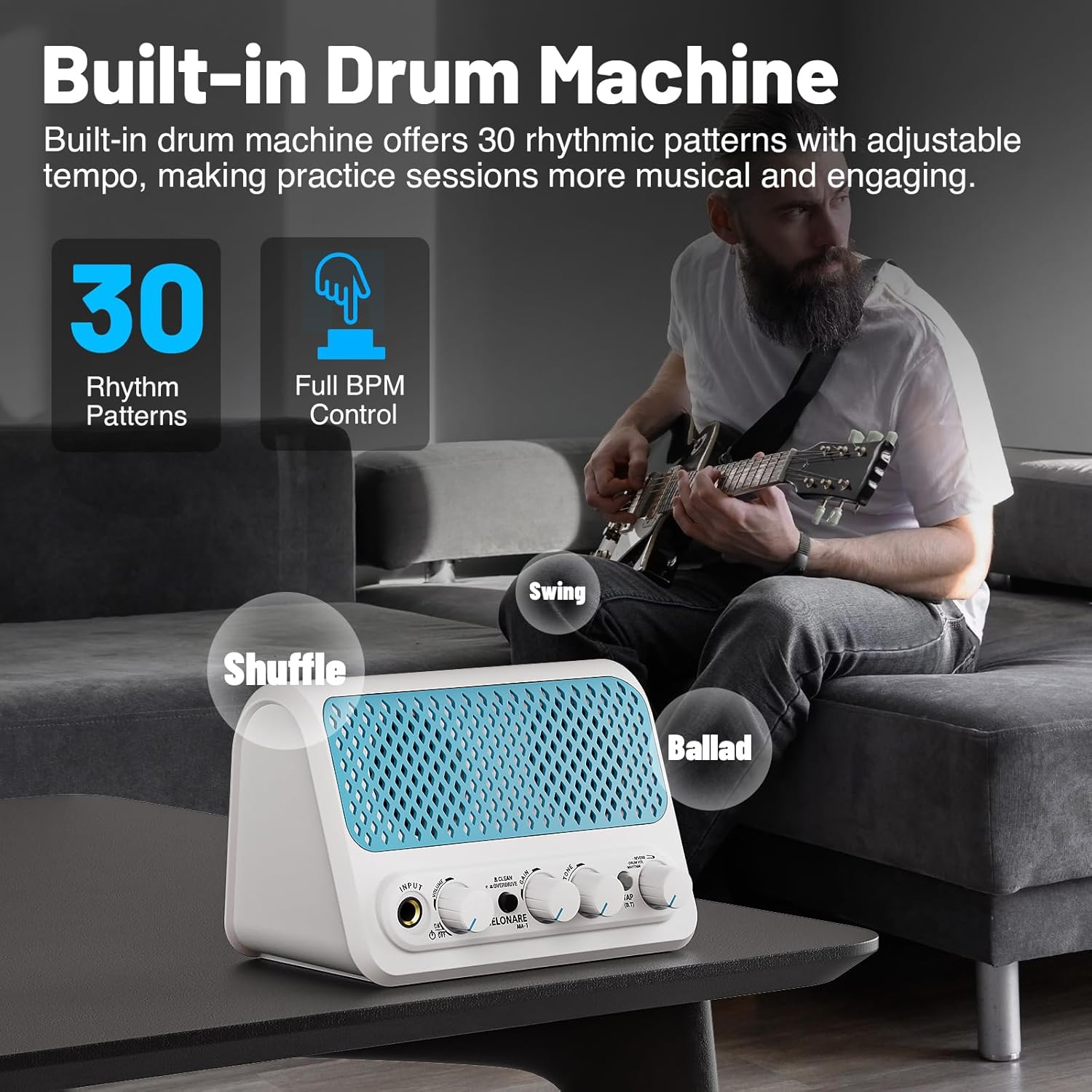 ഫ്രണ്ട് view of the MELONARE MA-1 Mini Guitar Amp showing all control knobs and input jacks.