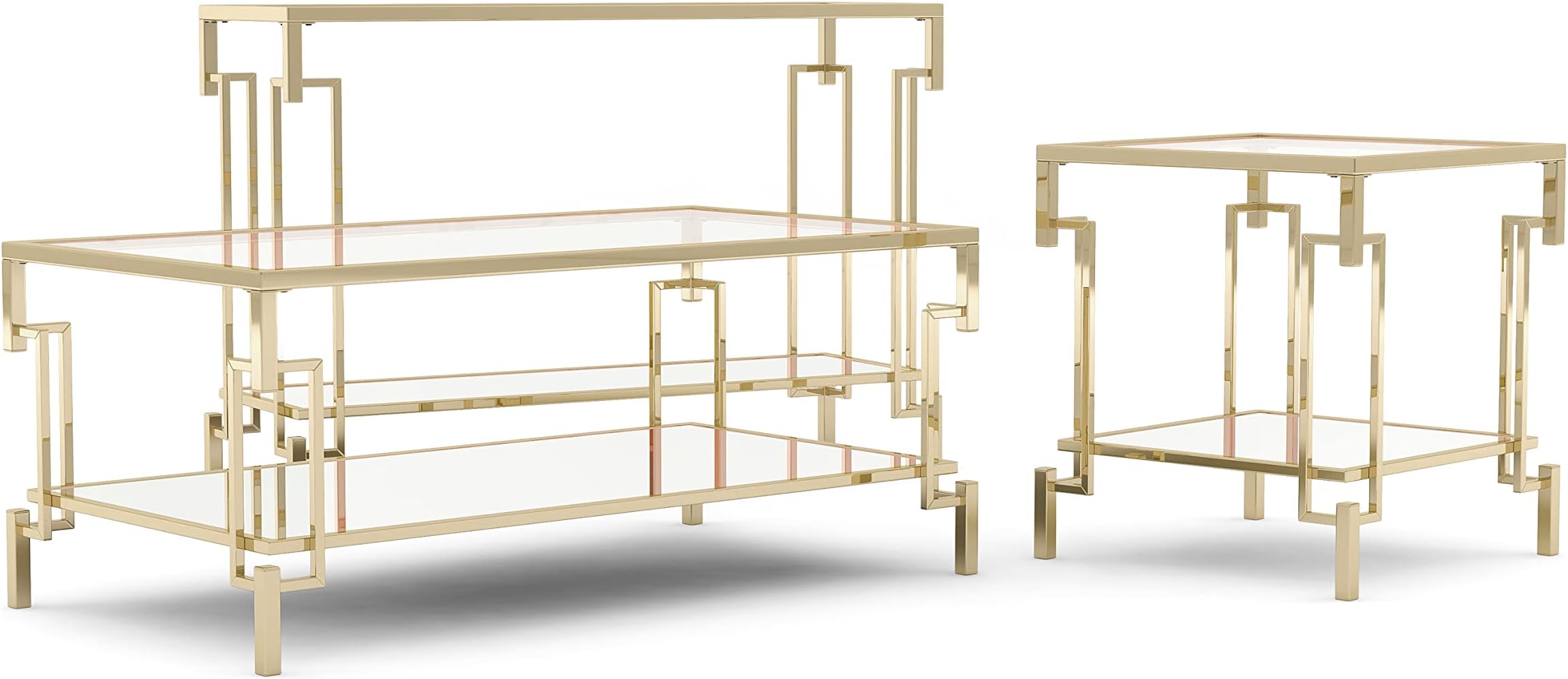 Cline Luxury Glam Open-Shelf Glass Top 3-Piece Coffee, End and Sofa Table Set Legs Perfect for Living Room, Champagne Gold