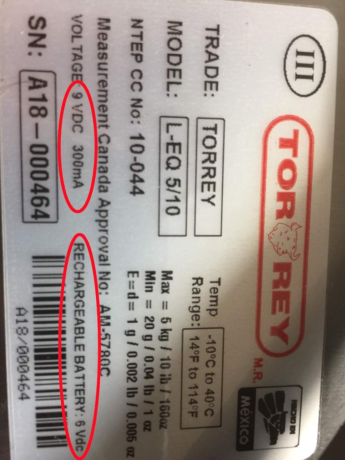 Torrey 9V AC Adapter/Power Supply for Torrey Scales, 2-Pin Power Adapter, 9V DC, 0.5A, Black, Wall Mount, Rectangular/Boxy, Proprietary 2-pin Connector