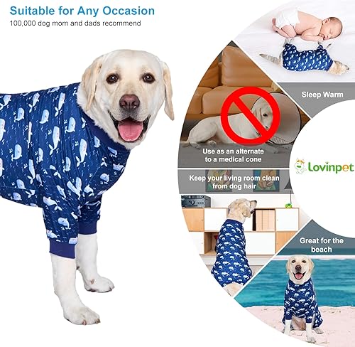 Miniatura 5 de LovinPet Traje para perro grande, mameluco para cirugía, pijama para perro de raza grande, estampado ligero de ballena azul marino, pijama para