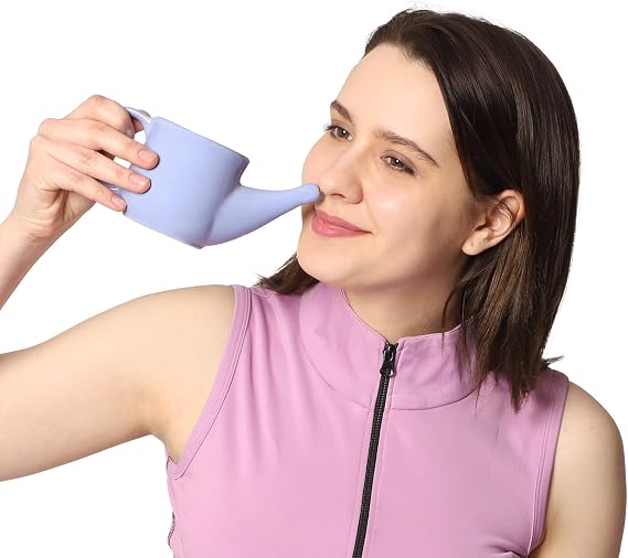 HealthGoodsIn Ceramic Neti Pot, Spill Proof with 5 Sachet Neti Salt, Microwave Safe, Holds 250 ML (8.4 FL Oz) (Light Voilet)