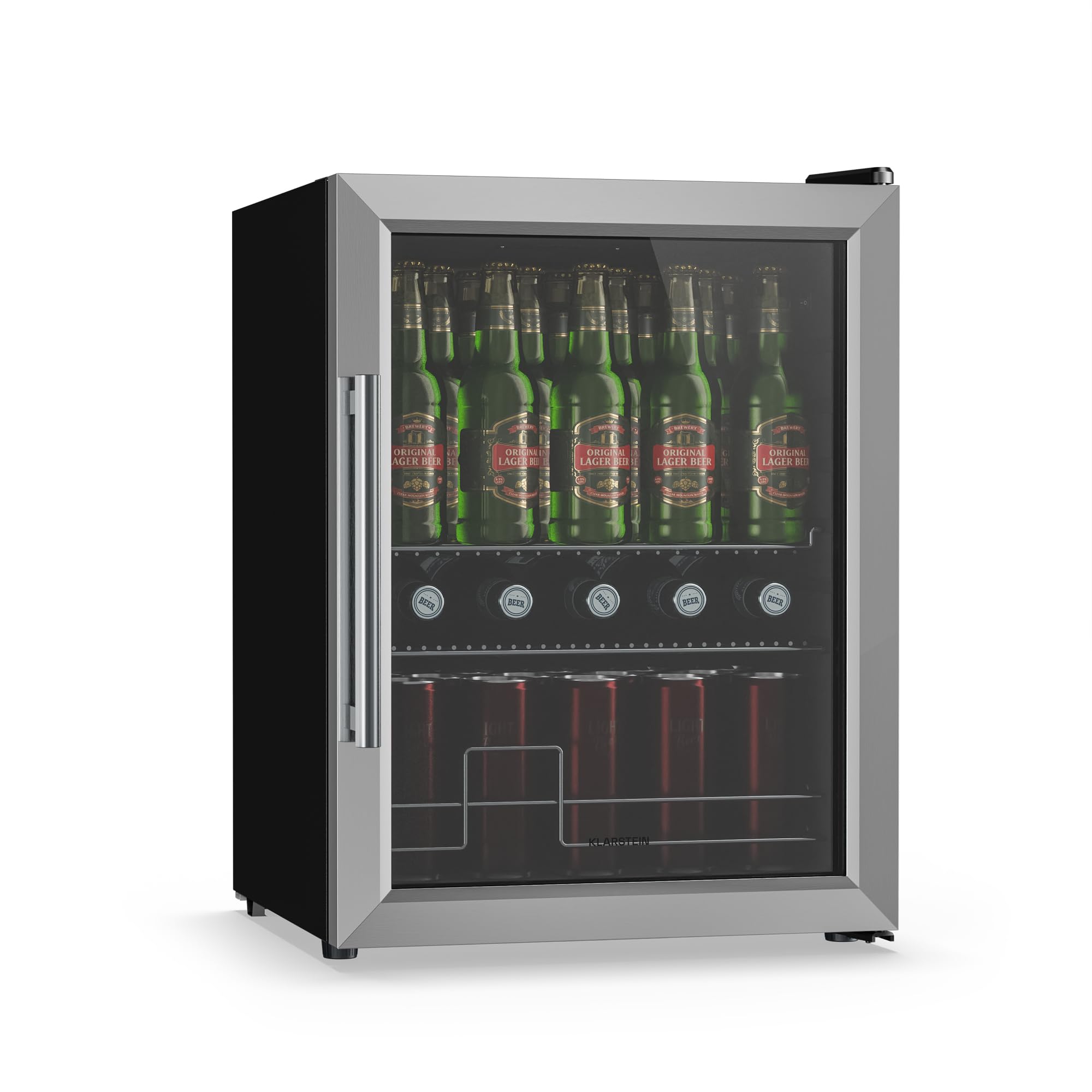 Klarstein Getränkekühlschrank Groß – 60L Glastürkühlschrank mit LED, 3-10°C, 2 Metallablagen, Doppelverglasung, Temperaturregelung, Flaschenkühlschrank 60 L Silber