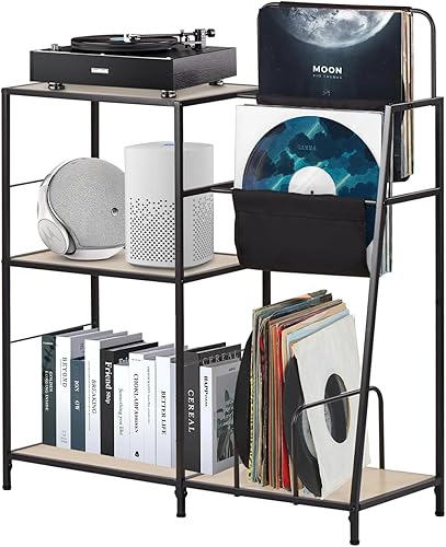 Soporte para tocadiscos, soporte para tocadiscos con capacidad para hasta 200 álbumes con 3 estantes de almacenamiento, estante de exhibición de