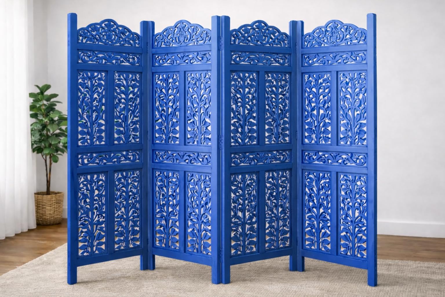 Wooden Room Divider Partition | Privacy Screen Separator for Living Room Bedroom Hall | Foldable Floor Screen | Home & Office Décor Partition - 4 Panels 6 feet - Mughal Design (Blue)-picture-36