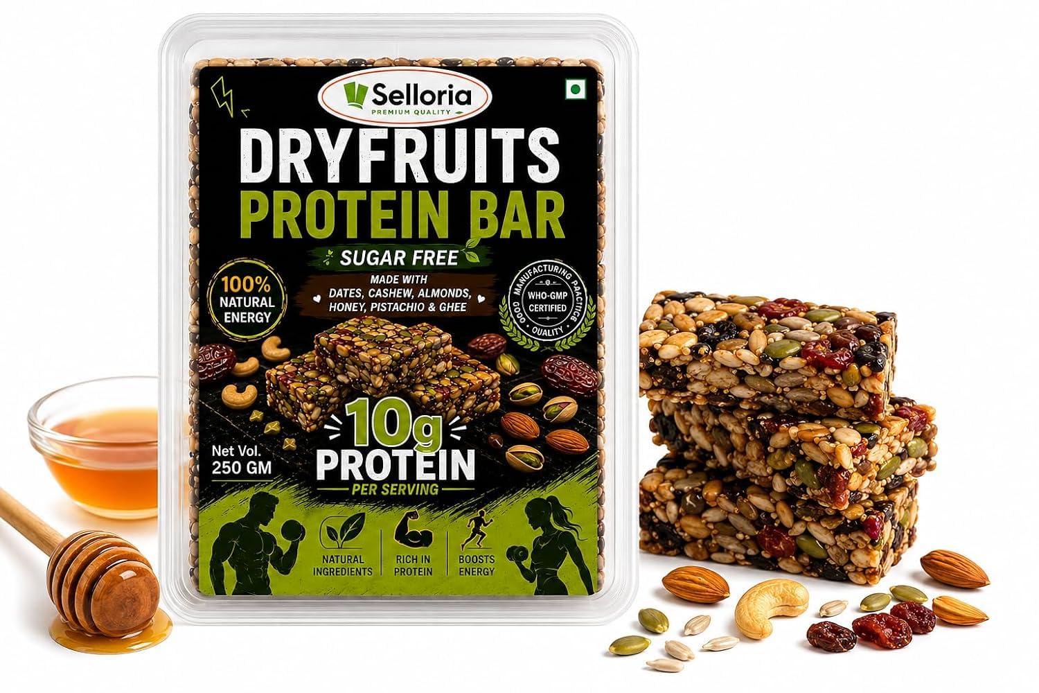 Selloria Dry Fruits Protein Bar No Added Sugar 250gSelloria Premium Dry Fruits protien bar Almond, Cashew, Pistachio & Dates | Pure Honey | Healthy Snack | No Added Sugar| Dates Barfi| Pre Workout Snack 250g-image-36