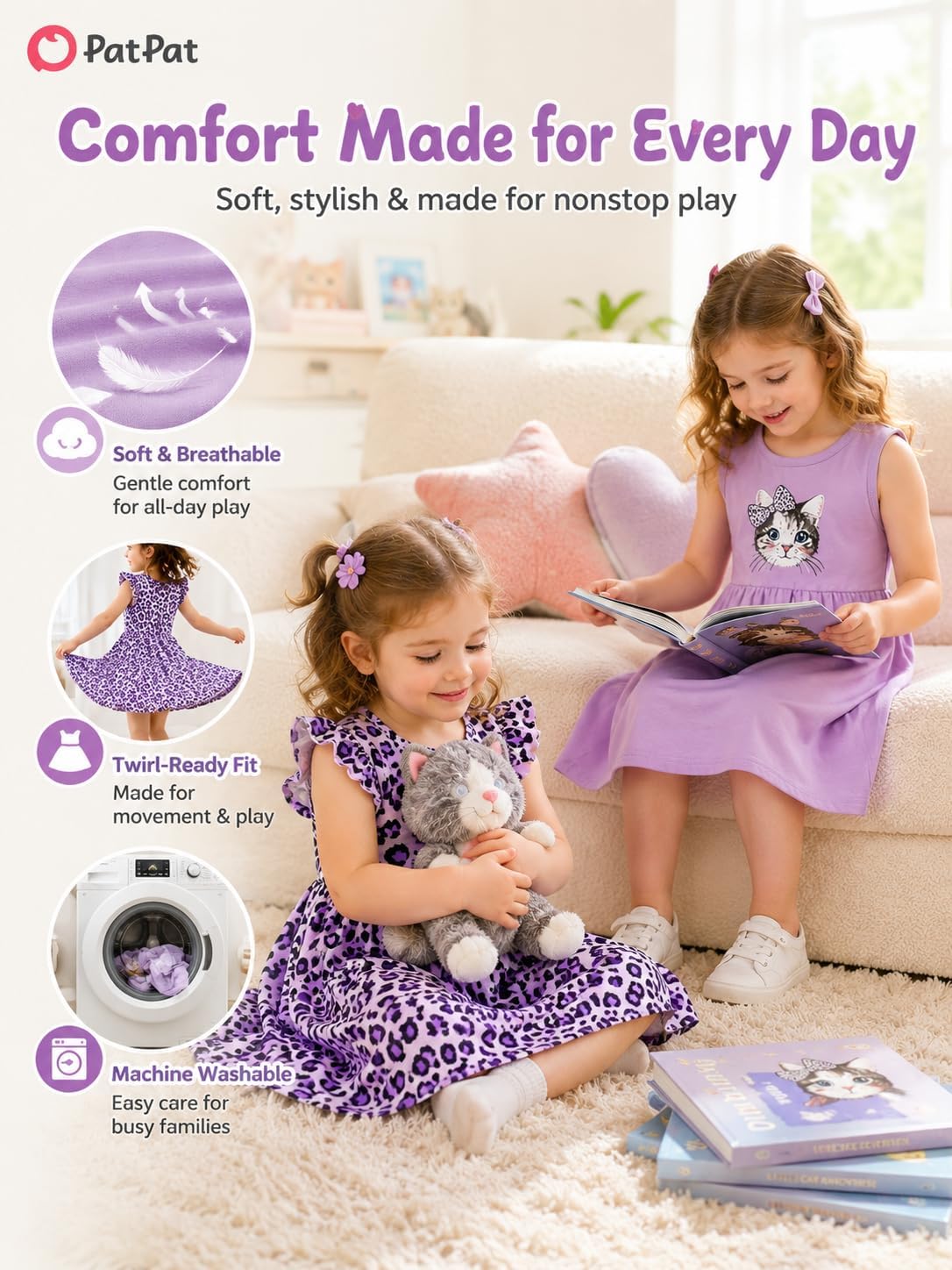 PATPAT Girls Ruffle Sleeve Twirl Dress Set 2/3 Pack Cute Summer Outfit image 4