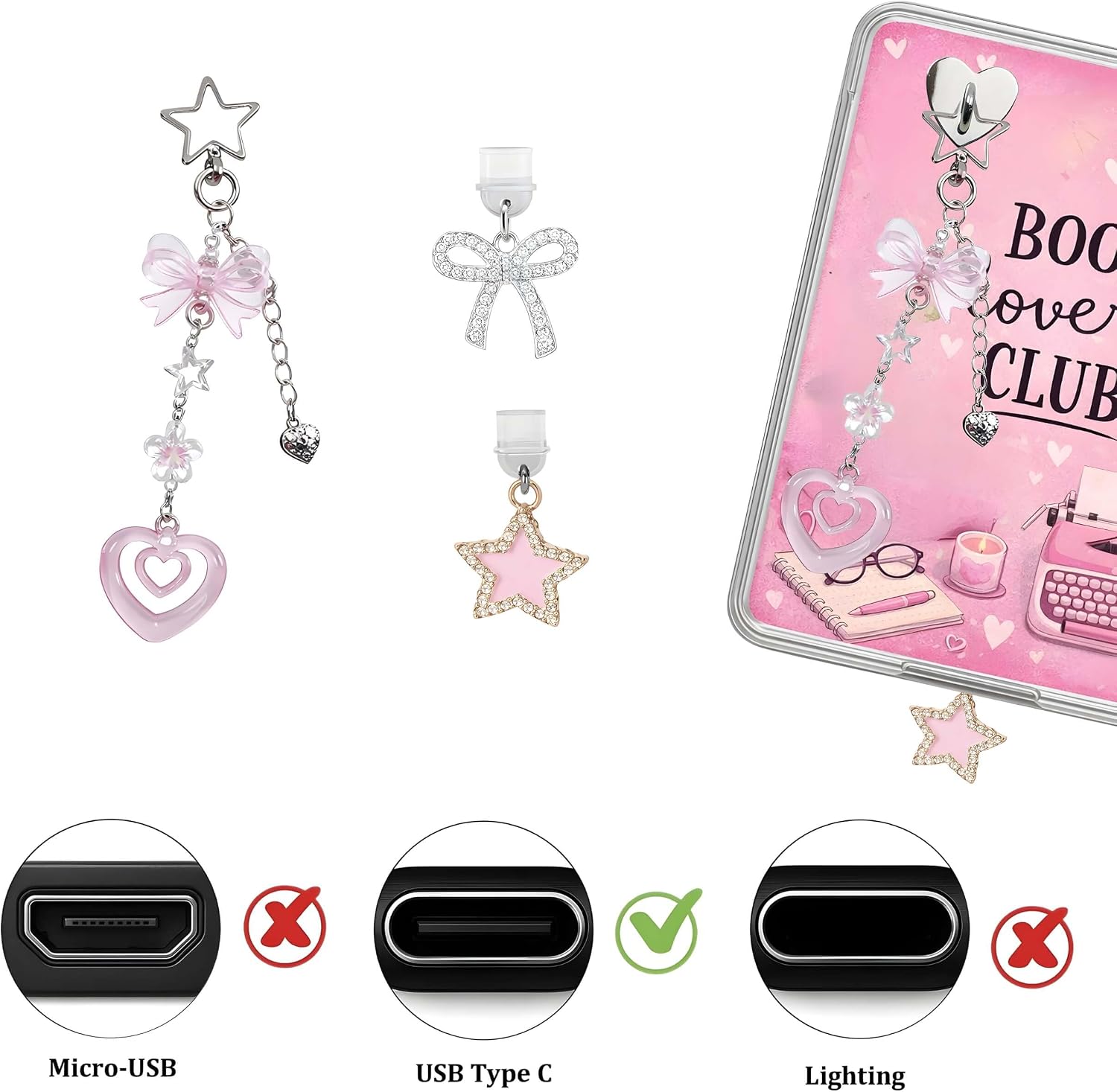 Aesthetic Kindle Charm Chain Set - 4-in-1 Pink Coquette E-Reader Accessories with Self-Adhesive Heart Hook & 2 Dust Plugs - Cute Bookish Gifts for Readers Women