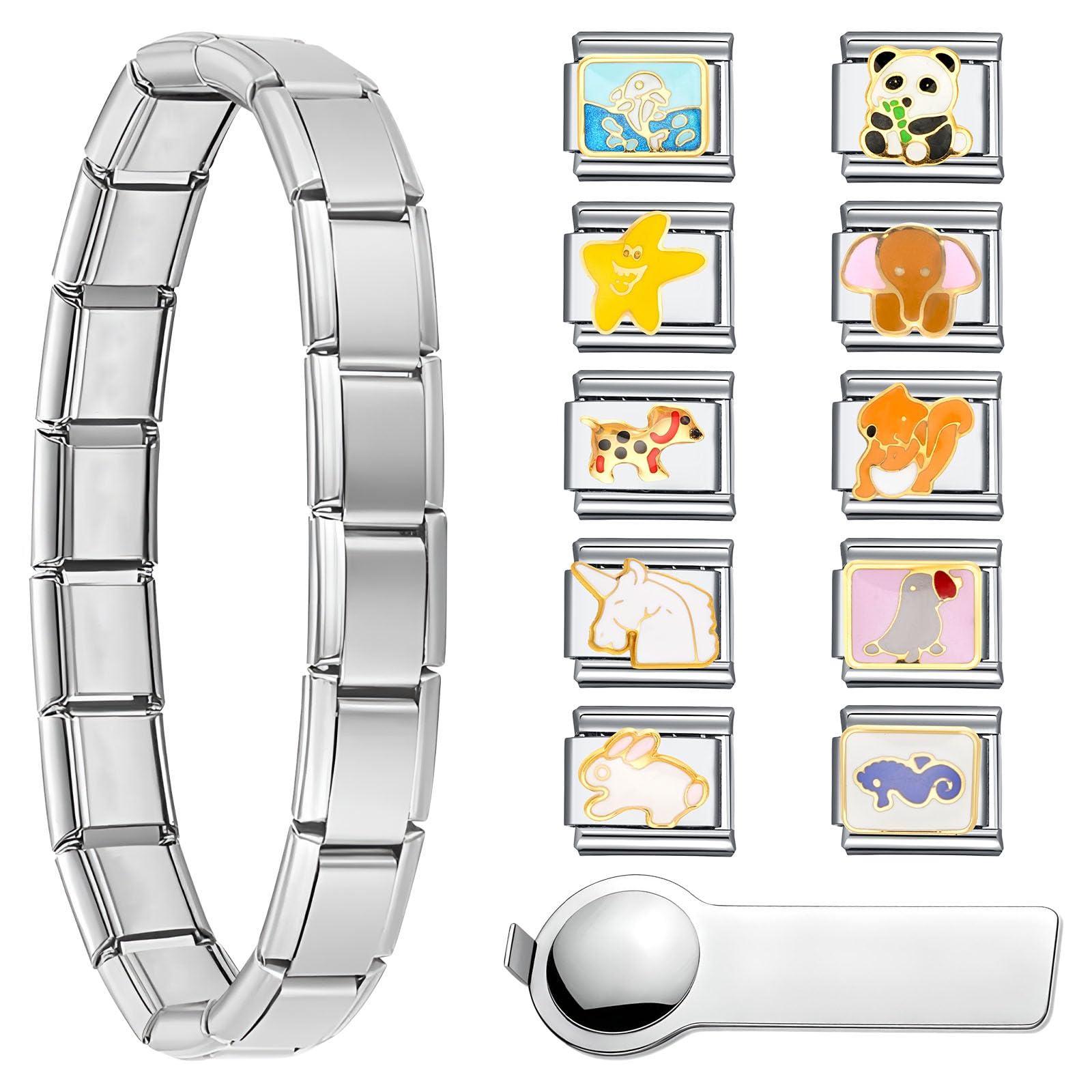 Juego de Pulseras Dijes Italiano 10 Módulos Extraíbles con 1 Herramientas de Apertura y Caja Regalo Pulsera Italiana Charms Acero Inox 9mm Animales Lindos Módulos Extraíbles Joyería Italiana
