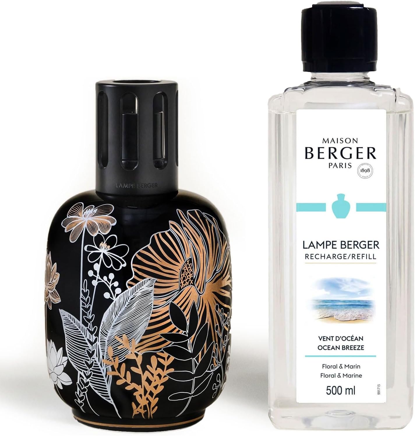 Maison Berger Porcelain Fragrance Lamp – Black Vegetale 6.3 Inches with Ocean Breeze Refill 500ml Luxury Catalytic Diffuser Gift Set for Home Air Purification Made in France Since 1898