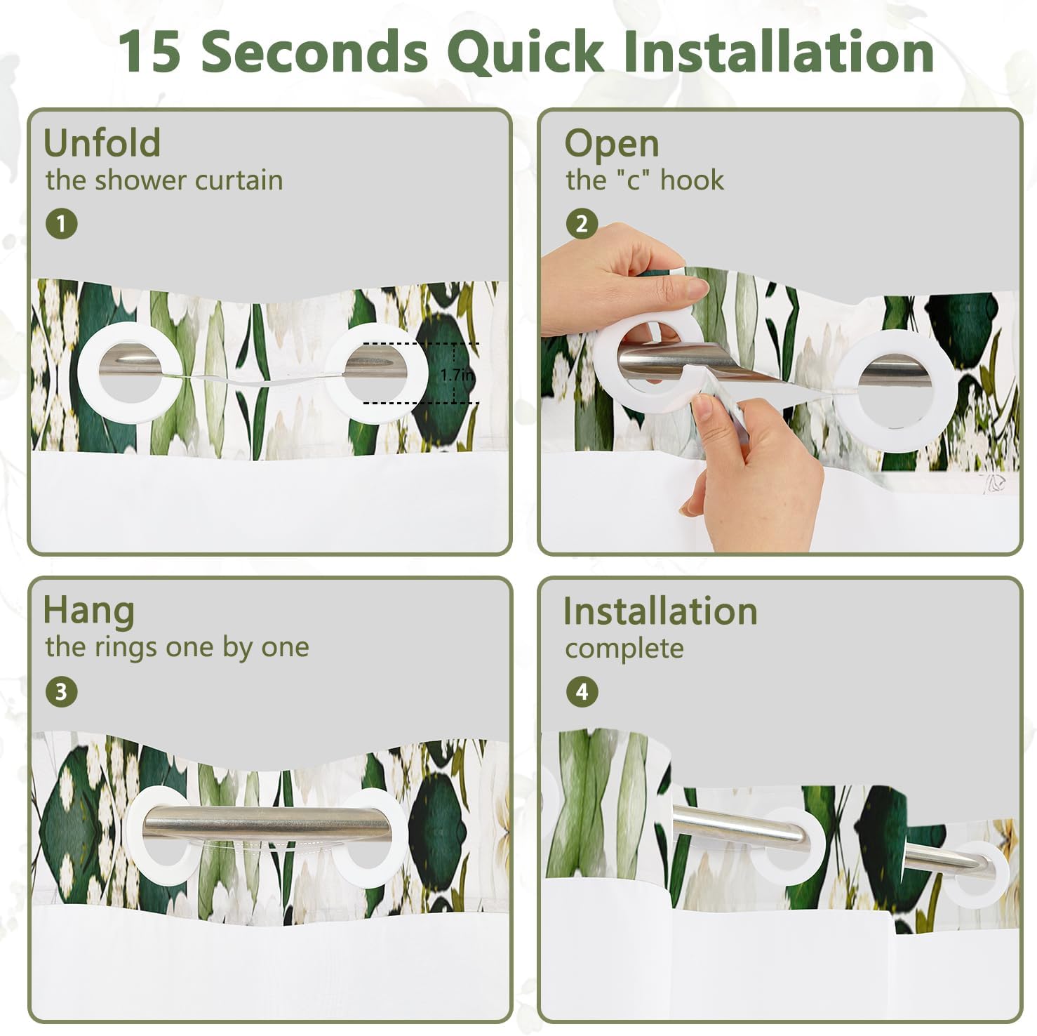 White Floral Green Leaves Shower Curtain and Liner Set, Green Eucalyptus Watercolor Flower Bathroom Curtains, Waterproof Fabric No Hook Shower Curtain with Mesh Top Window, Weighted Hem, 71x74 Inch