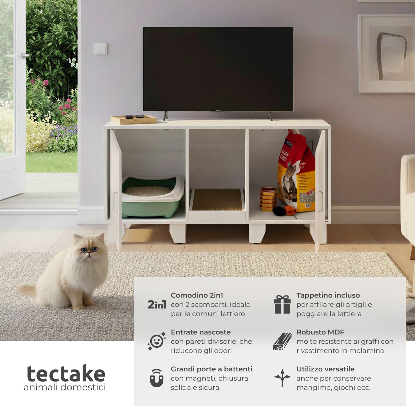 tectake® Mobile lettiera gatto chiusa a due ante, ingresso centrale, tappetino tiragraffi, mobiletto lettiera gatto, armadietto per lettiera gatti, ante magnetiche - 120 x 52 x 65 cm - Bianco