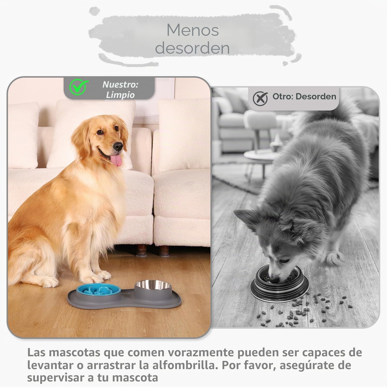 MateeyLife Juego de Boles para Perro 3 en 1, Comedero Antivoracidad Perro y Bebedero de Acero Inoxidable con Alfombrilla Antideslizante de Silicona, Cuencos para Perros de Todas Las Razas 43.7×25.9 cm