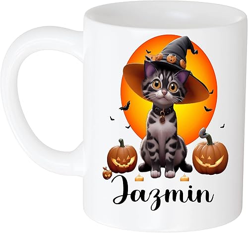 Personalized Halloween Name Love Jazmin Personalized Halloween Cat Mug with Name, Personalized Gift, Names, 11 Oz Halloween Mug, Ceramic 11oz White
