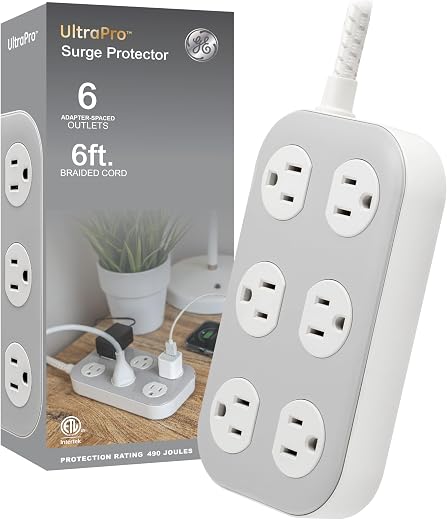 GE Surge Protector Power Strip, 6 Ft Braided Extension Cord