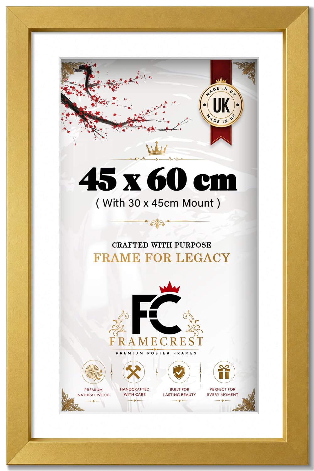 FRAMECREST LTD Gold Picture Frame 45 X 60 CM Poster With White Mount To Fit 30 X 45 CM Photo, Matted — Portrait Or Landscape Wall Art Display For Home, Office And Living Room Walls - [Gold]