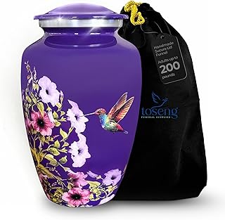 TOSENG Urnas Para Cinzas De Cremação - Funerárias Decorativas Grandes Adultos Masculinos E Femininos, Urna Funerária Alumínio Beija-Flor Homens Mulheres Com Bolsa Veludo, Capacidade, Roxa
