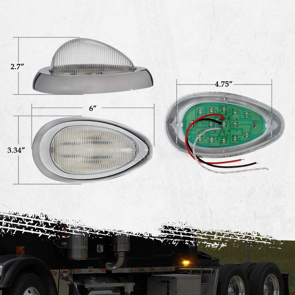 Unifizz 2x Amber 15 LED Side Marker Turn Signal Lights with Clear Lens and Chrome Bezel, 5-7/8" Teardrop Design Replacement for Trucks, Freightliner Columbia Coronado Classic Century