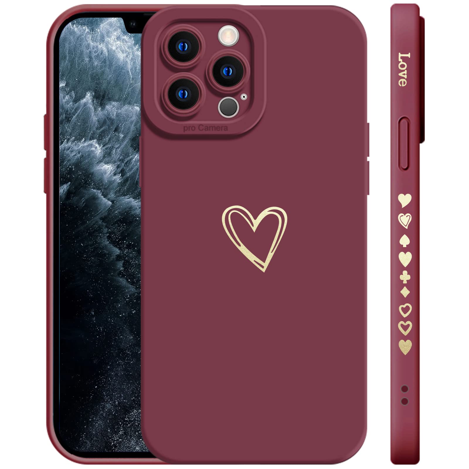 T Tersely Compatible with iPhone 13 Pro Max Case Luxury Gold Heart Pattern Soft Liquid Silicone Shockproof Case for Women Girls Side Cute Plated Heart Pattern Slim Phone Case (Wine Red)