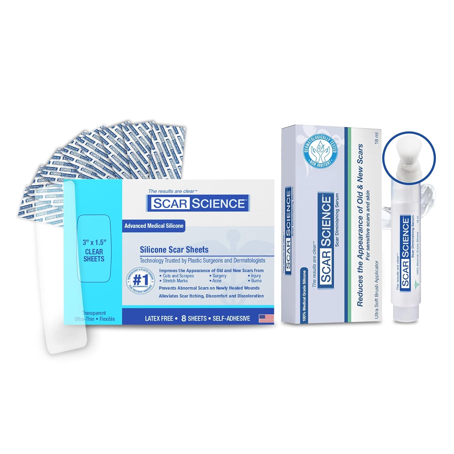 Ultimate Recovery Bundle – ScarScience Medical Grade Silicone Scar Sheets, 3" (8 Count) & Silicone Scar Gel with Touch-Free Brush