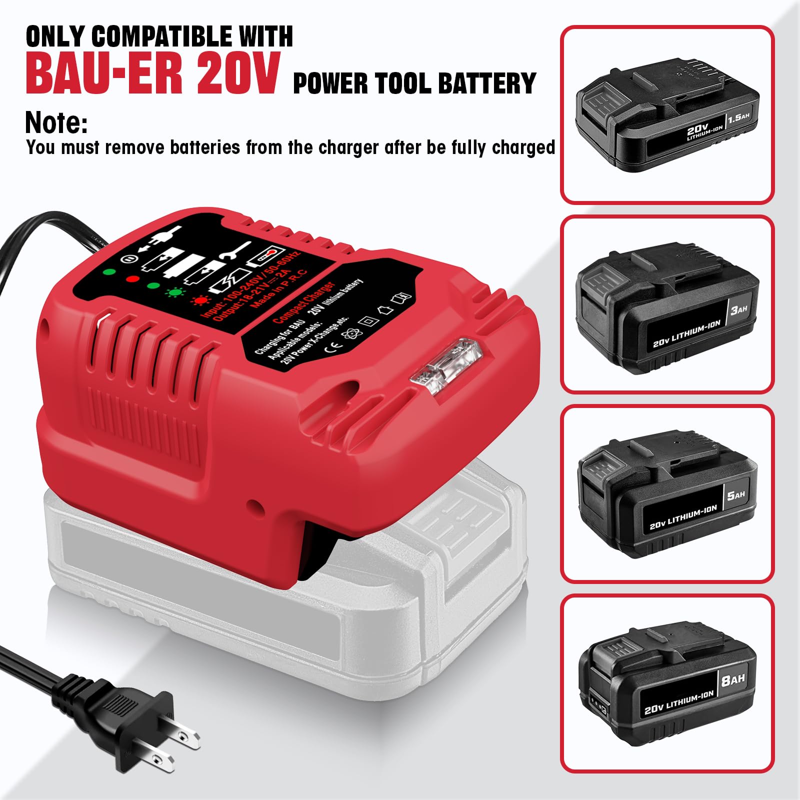 Bauer - Cargador de batería de 20 V con protección contra sobrecalentamiento, para carga rápida Bauer compatible con baterías Bauer de 20 V, herramientas inalámbricas, 2.0 Ah, 4.0 Ah 5.0 Ah, cargador