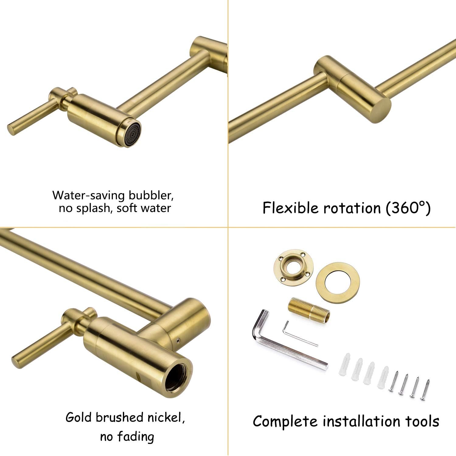 70% Off Everything BZOOSIU Pot Filler Faucet Wall Mount, Double Joint Swing Arms Solid Brass Folding Faucet, Single Hole Two Handles Wall Mount Kitchen Faucet, Brushed Gold
