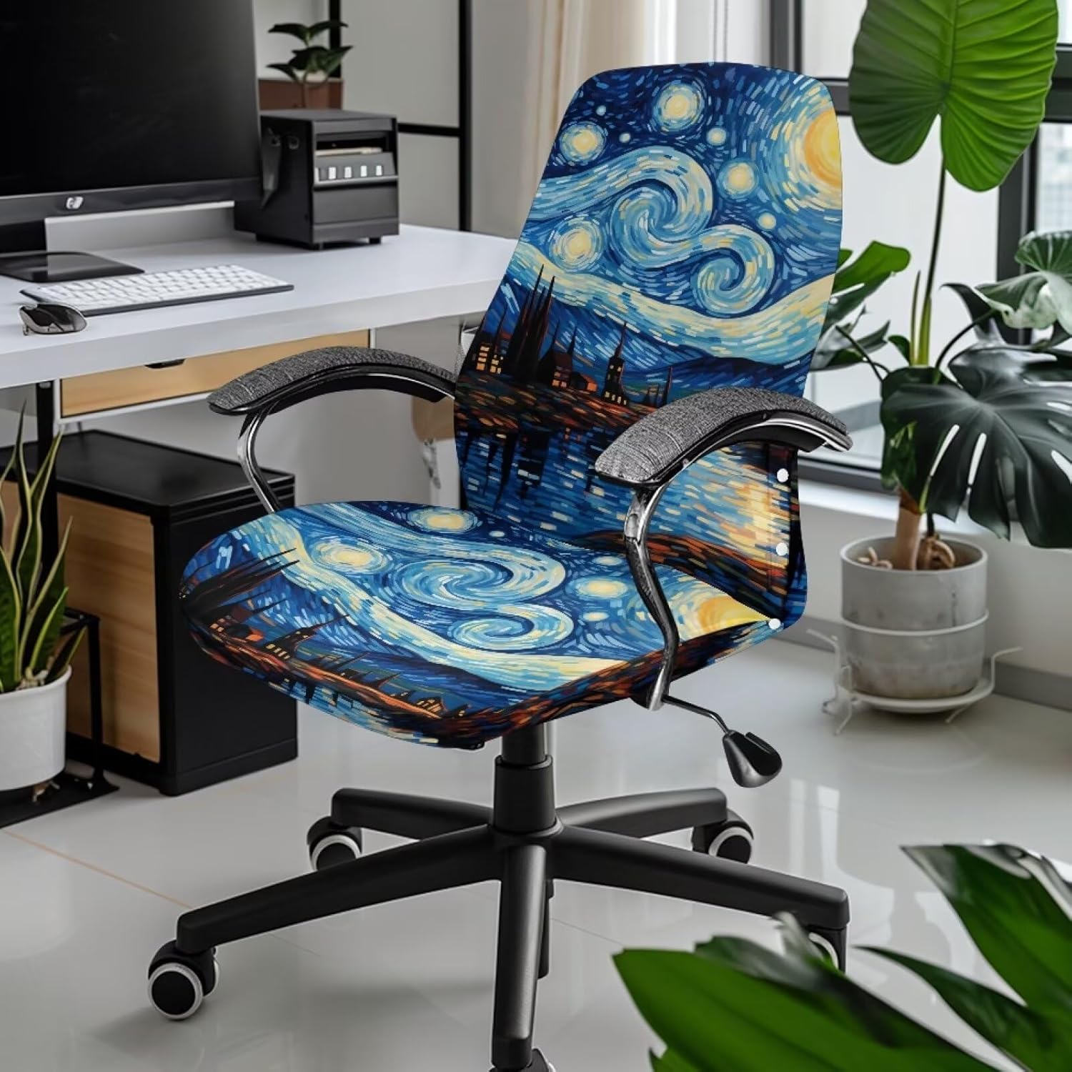 Van Gogh Starry Night Office Chair Cover Stretchable Swivel Computer Desk Chair Slipcovers with Elastic Bottom One Piece Seat Covers for Armrest Chairs High Back Chair -L