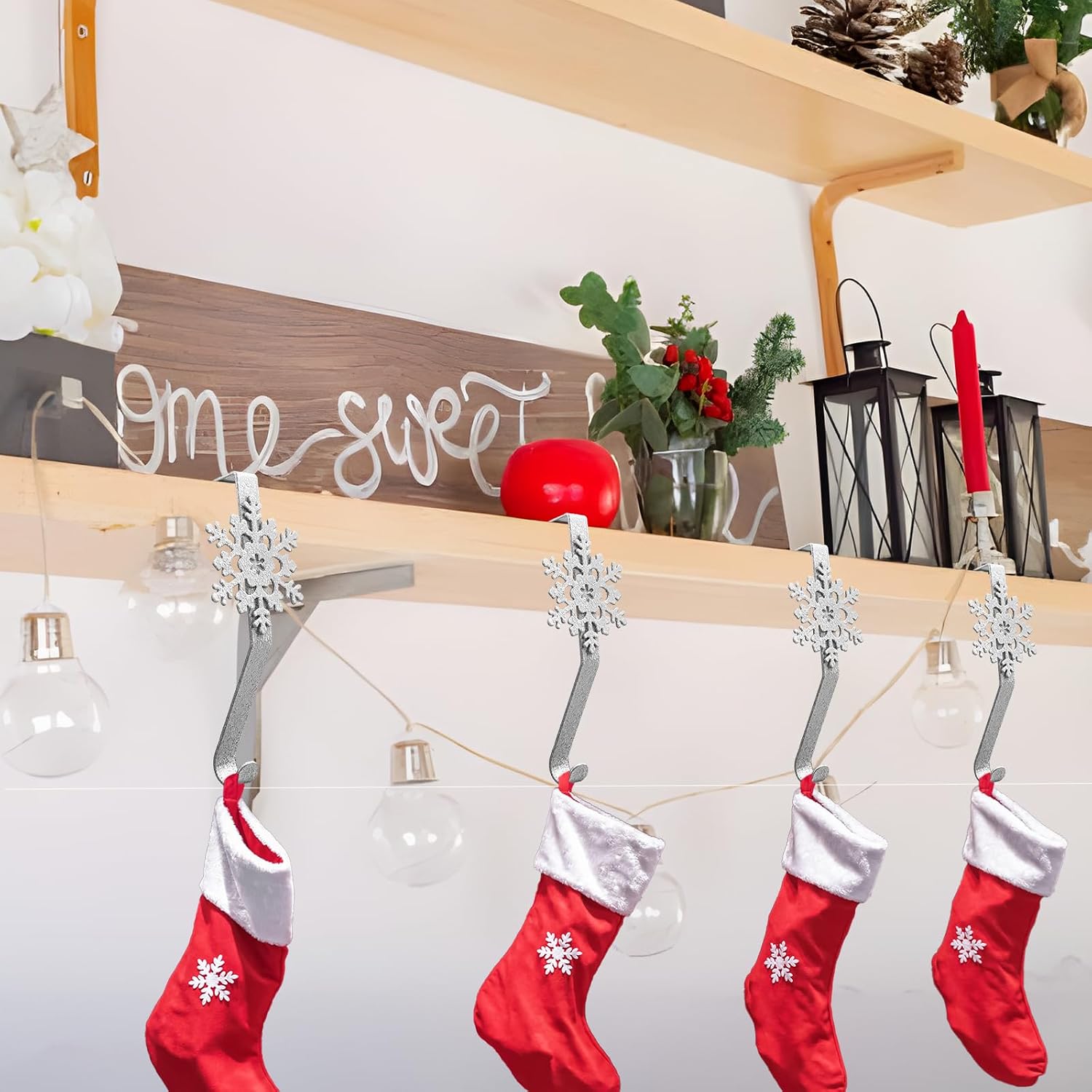 Christmas Stocking Mantel Hooks Newest, 4 Pack Silver Christmas Stocking Hooks for Fireplace, Glitter Snowflake Holder Reusable Non-Slip Anti-Rust Hanger Christmas Decoration for Party