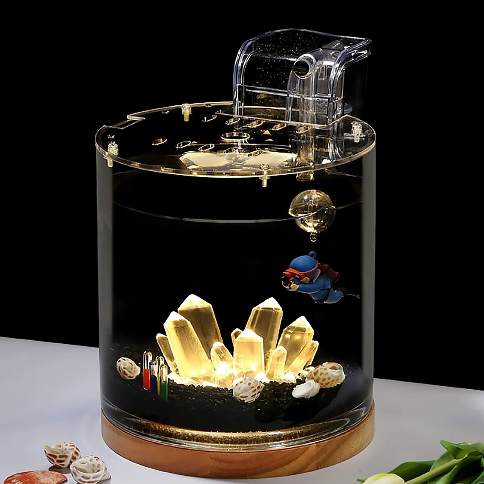 Kit di Avviamento per Acquario Betta – Aquario Pesci Rossi con Base in Legno, Luce LED, Pompa Dell'acqua – Acquarios per Tartarughe Rossi per Principianti(20 * 30cm/7.8 * 11.8in)