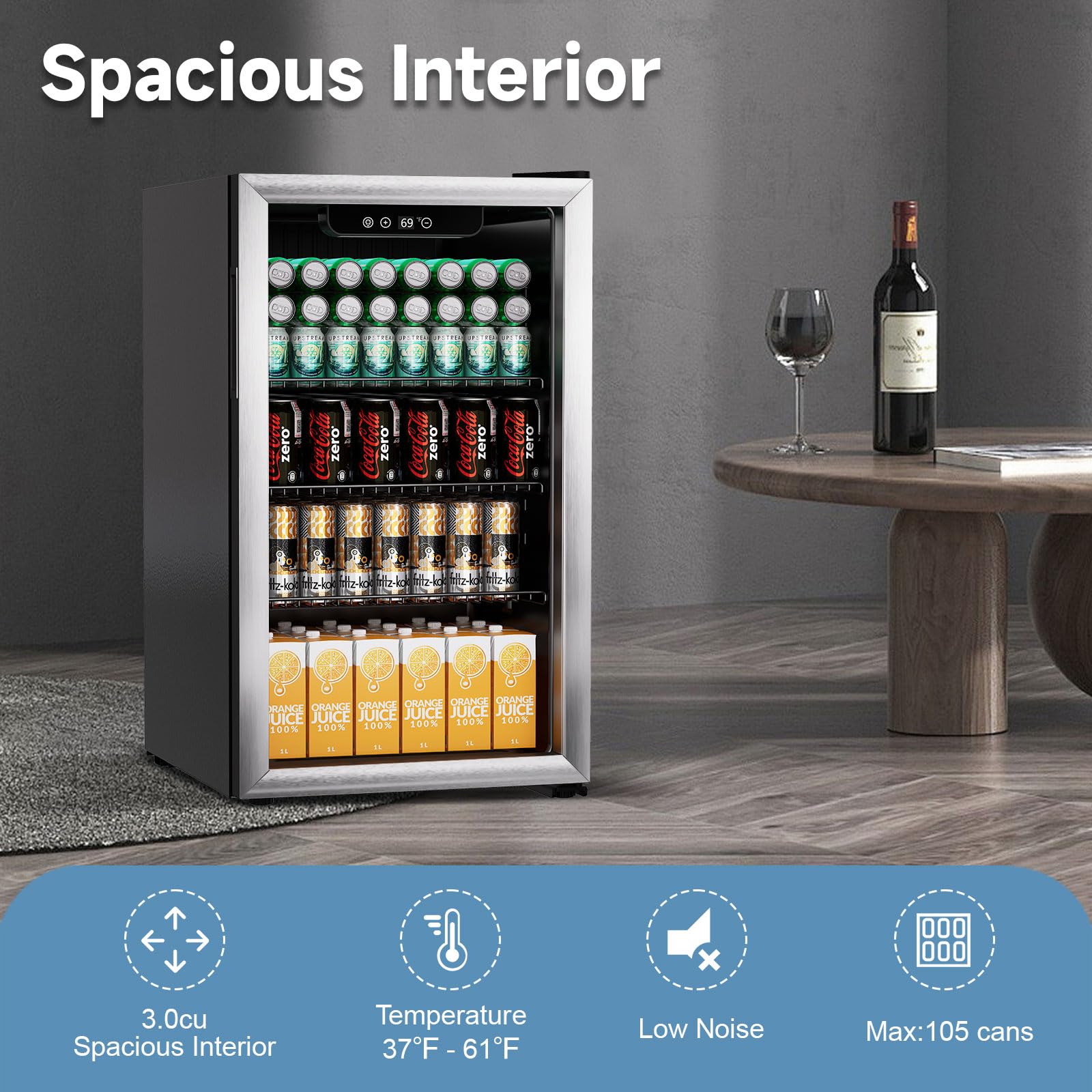 Stopsad Compact Beverage Refrigerator Cooler, 105 Can/3.0 Cubic Feet Mini Fridge With Glass Front Door, Digital Display Small Refrigerator With Adjustable Shelves For Soda, Beer Or Wine on Fridge.com - View 5