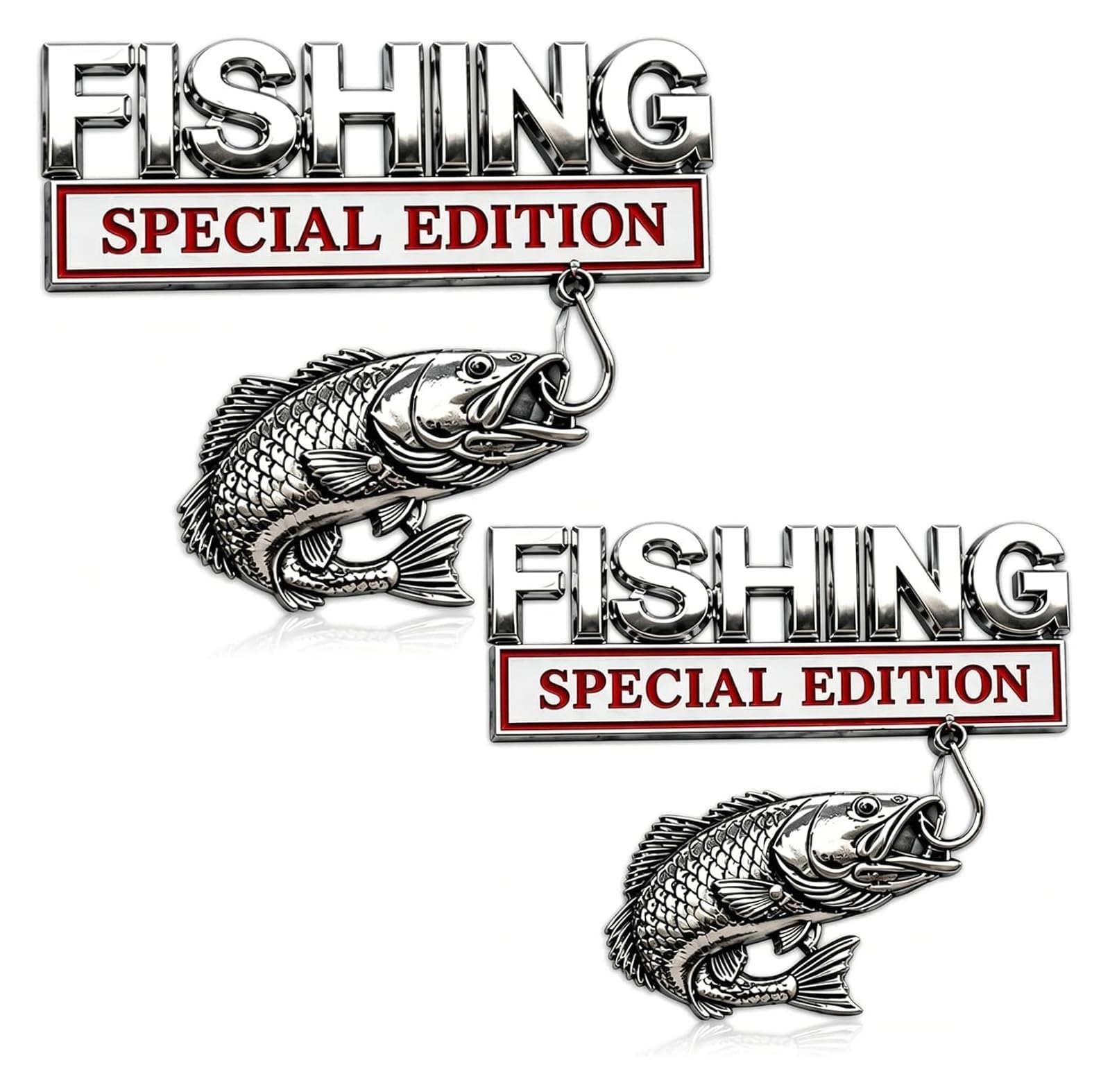 Fishing Special Edition,3D Metal Vehicle Emblem Badge, Metal Fish Car Emblem, Auto Decal for Truck SUV, Anglers, Self-Adhesive Exterior Decor, Fishing Badge(2PCS)