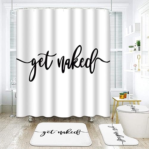 Miniatura 1 de ArtSocket Juego de 4 cortinas de ducha Get Naked con fondo blanco negro con alfombras antideslizantes, cubierta para tapa de inodoro y tapete de