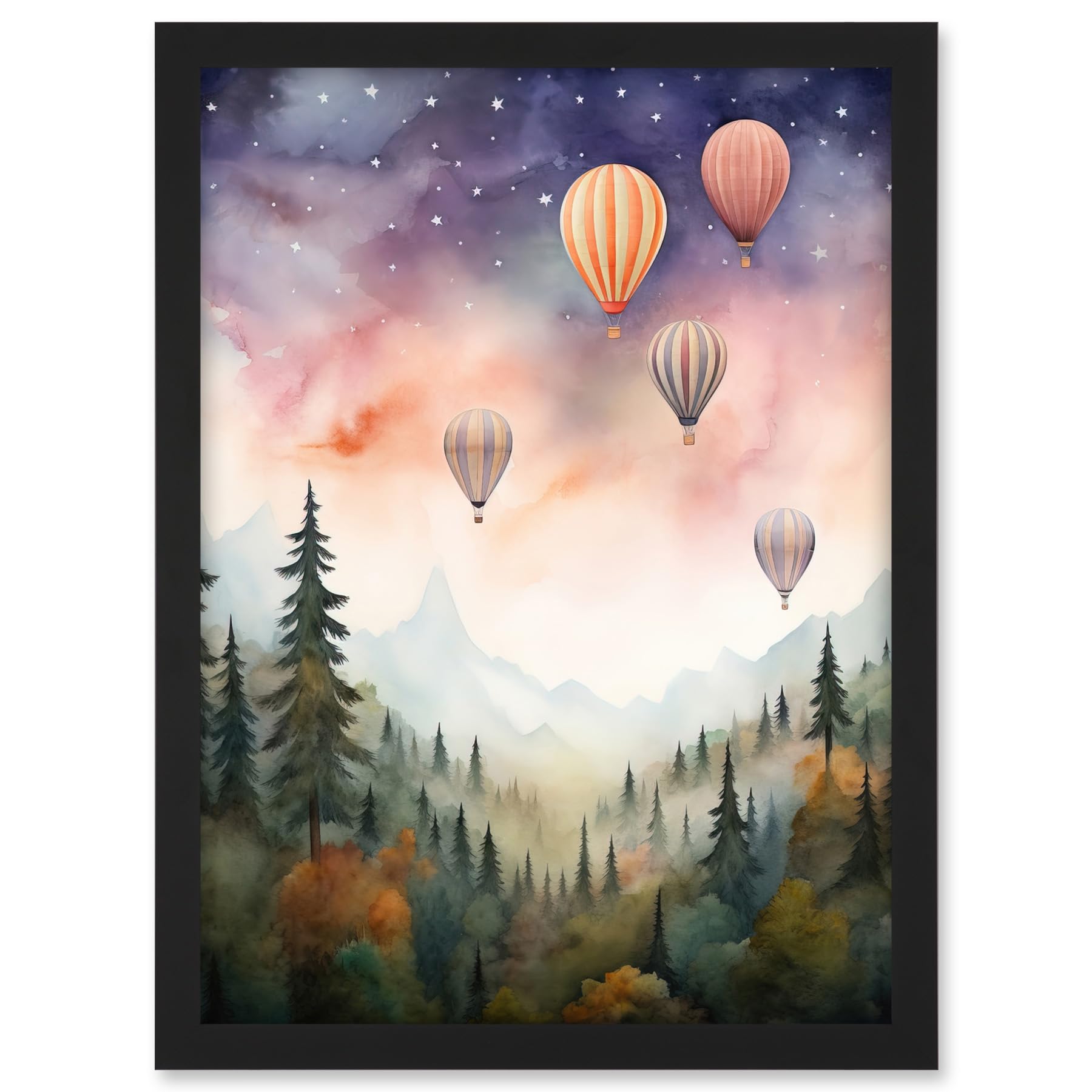 Artery8 Hot Air Balloons Over Misty Forest Landscape Watercolour Painting Orange Green Purple Dreamy Dusk Sky Stars Kids Bedroom Artwork Framed A3 Wall Art Print