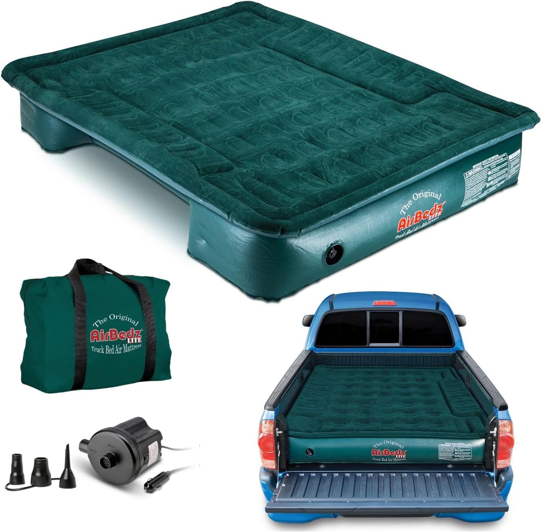 Pittman Outdoors AirBedz Lite – Truck Bed Air Mattress with 25% More Coverage, Portable DC Corded Pump, Full Size - Standard Bed - 6' - 6.5’, Wheel Well Cutouts, Camping & Travel Use, Green PPI PV202C