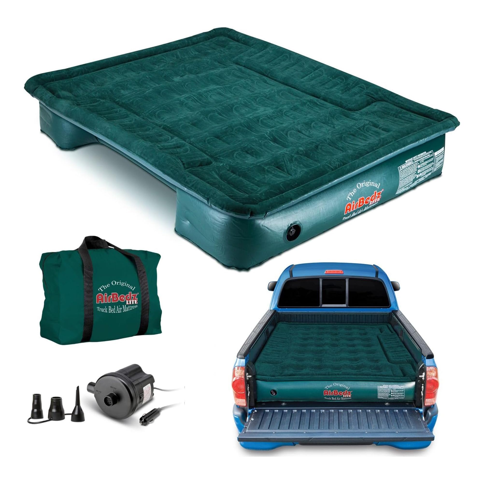 Pittman Outdoors AirBedz Lite PPI PV202C pełny rozmiar, krótki 15-16,5 cm materac dmuchany z pompką przewodową DC (180 x 150 cm napompowany), zielony, pełnowymiarowe łóżka