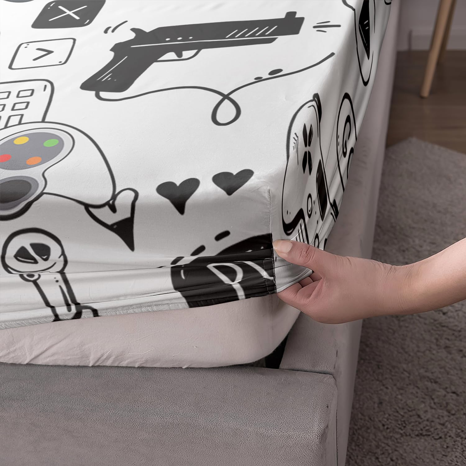 AILONEN Set di lenzuola con angoli per videogiochi, per ragazzi, console videogiochi, joystick, controller per computer, retrò, arcade, giochi, 3 pezzi, 1 lenzuolo con angoli e 2 federe